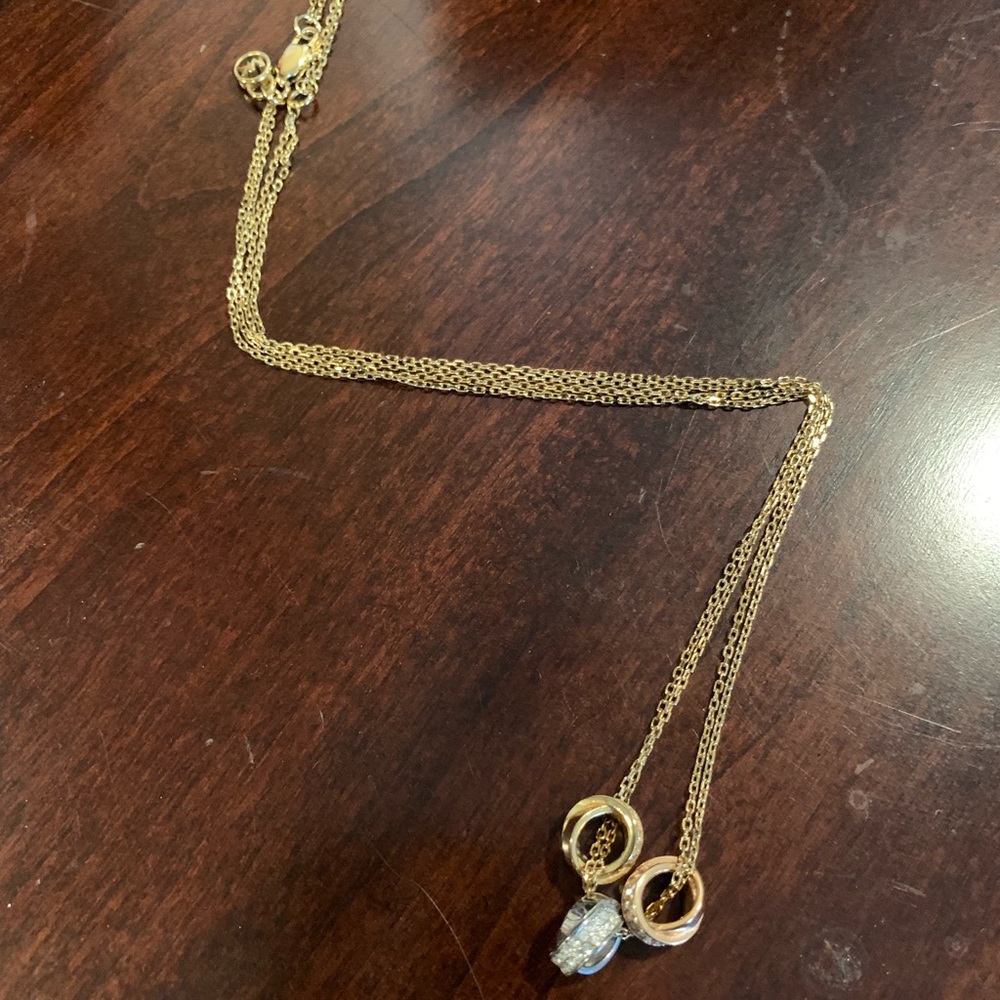 MK Tri Tone 3 Ring Crystal Pave Pendant Necklace - Picture 4 of 5